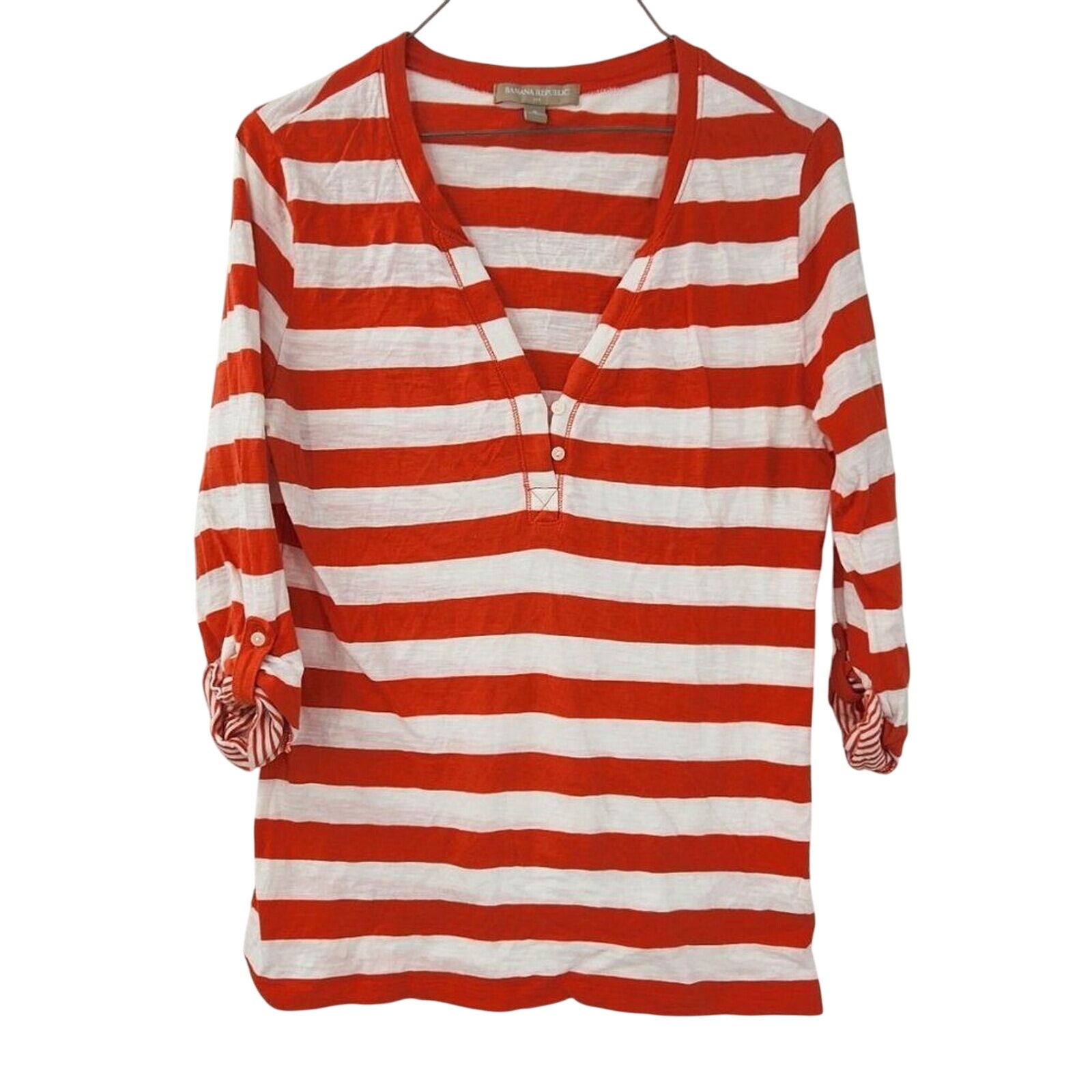 Banana Republic Factory Orange White Striped 3/4 Sleeve Shirt Womens Small
